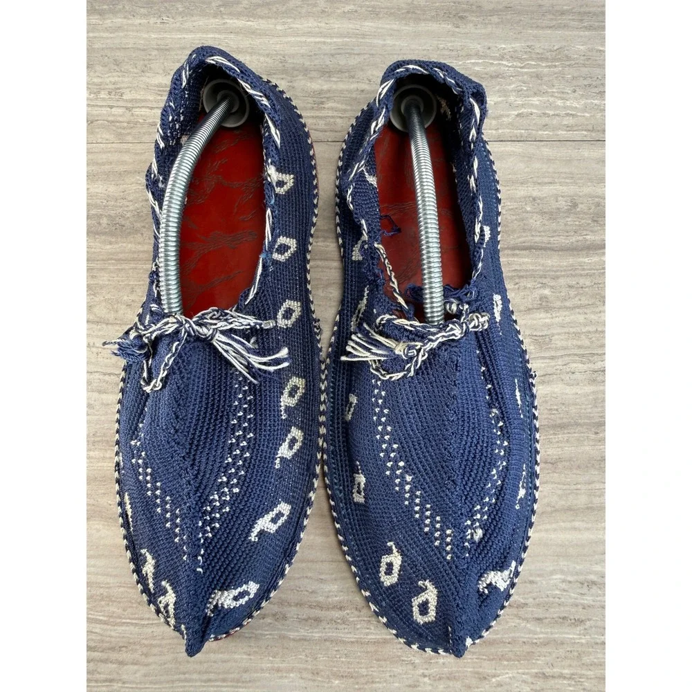 Handmade Kurdish Espadrilles Navy Blue Woven White Leather Slip-On Shoes Artisan
